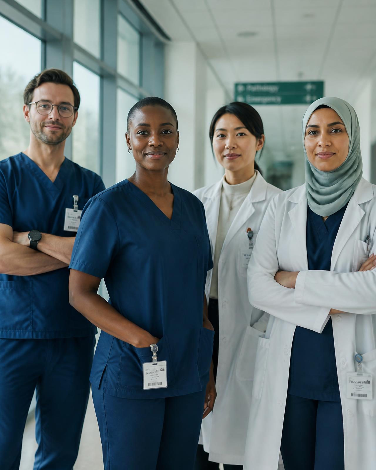 Four care professionals from different ethnic backgrounds — three women and one man in everyday clothes — standing shoulder to shoulder and smiling, framed from just above their heads to chest level